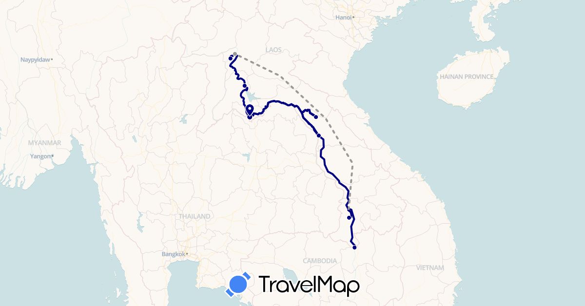TravelMap itinerary: driving, plane in Cambodia, Laos (Asia)